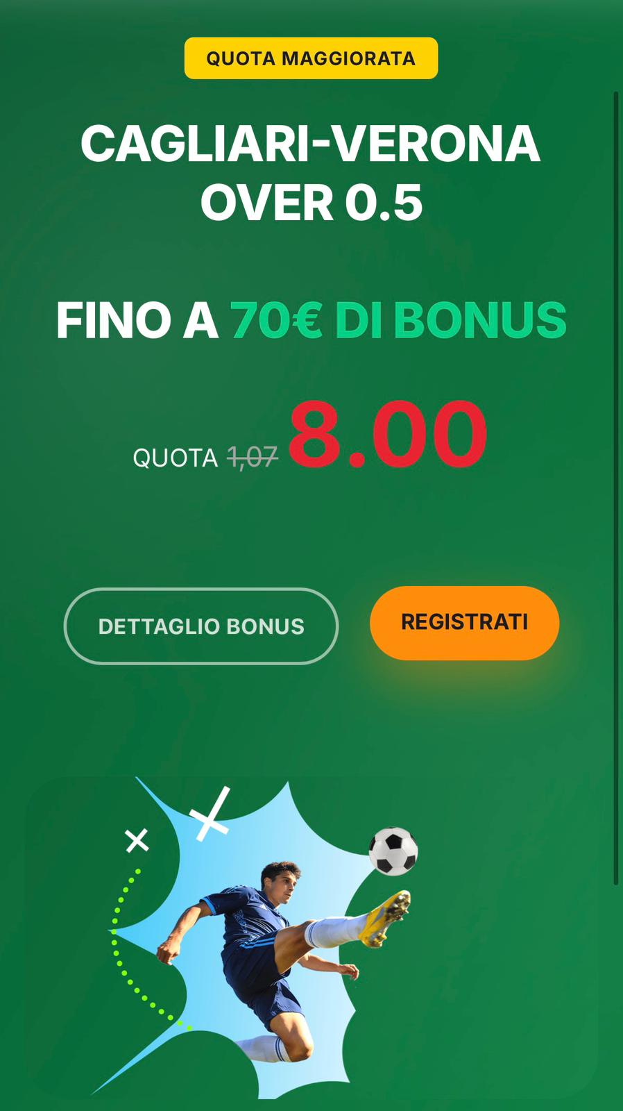 Sisal quota maggiorata Cagliari Verona over 0.5