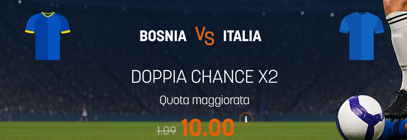Bosnia-Italia esito X2 a quota maggiorata 10 offerta da Snai