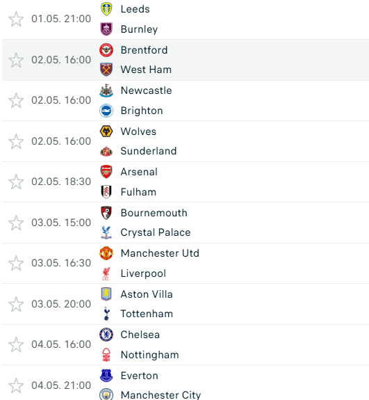 Calendario prossima partita Premier League
