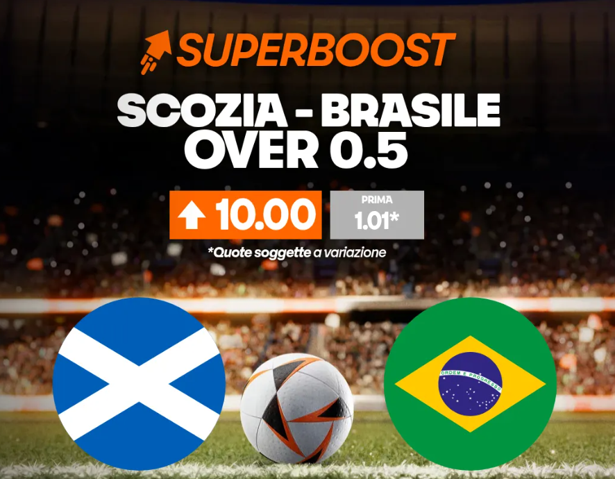 Scozia-Brasile over 0.5 a quota maggiorata 10 offerta da Betsson