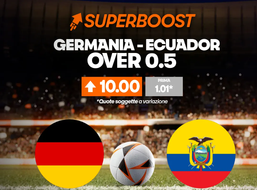 Germania-Ecuador quota maggiorata over 0.5 a 10 offerta da Betsson