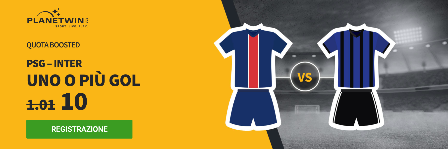 Superquota Maggiorata Planetwin365: PSG-Inter Over 0.5 a quota 8.00!